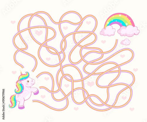 Help unicorn cub find path to rainbow. Labyrinth. Maze game for kids