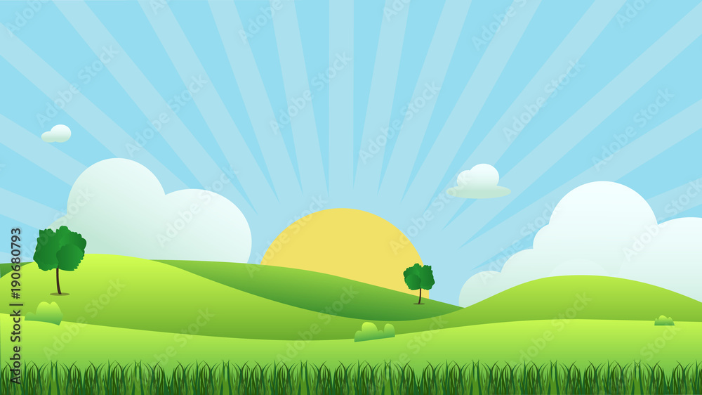 Meadow landscape with grass foreground, vector illustration.Green field and sky blue and sun shine with white cloud background.Beautiful nature scene.