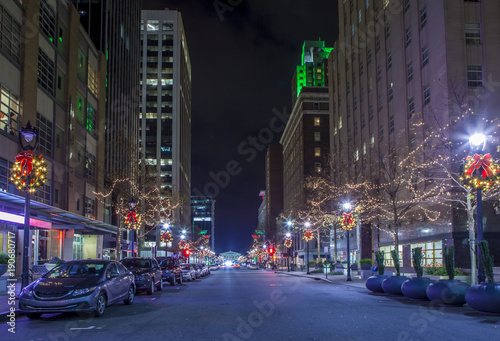 City center of Raleigh, North Carolina at night.