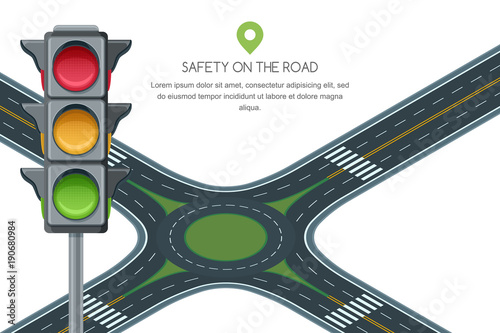 Vector flat illustration of roundabout road junction and traffic light isolated on white background. Safety street traffic and transport design template.