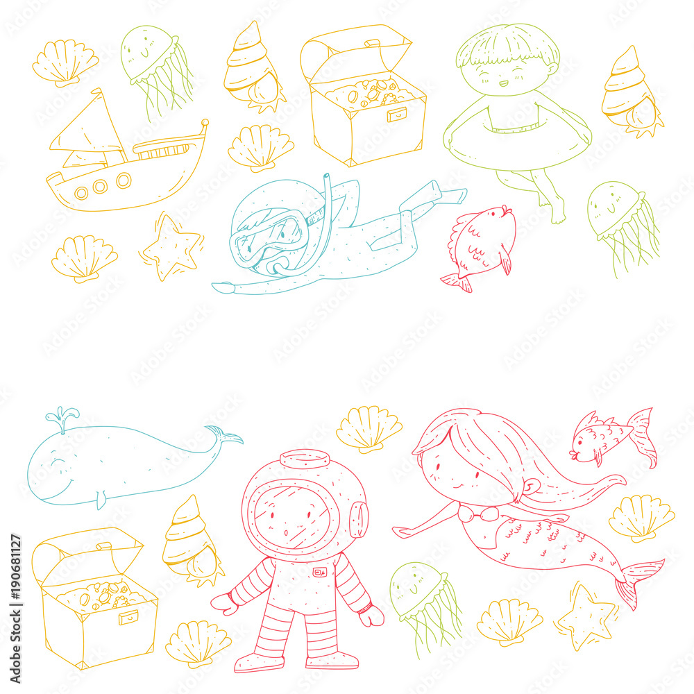 Fototapeta premium Sea and ocean adventure Kindergarten, preschool, school children. Kids aquapark. Underwater. Mermaid, octopus, fishes, whale, shells, jelly fish. Lost treasures. Scuba. Pirate ship. Diving, snorkeling