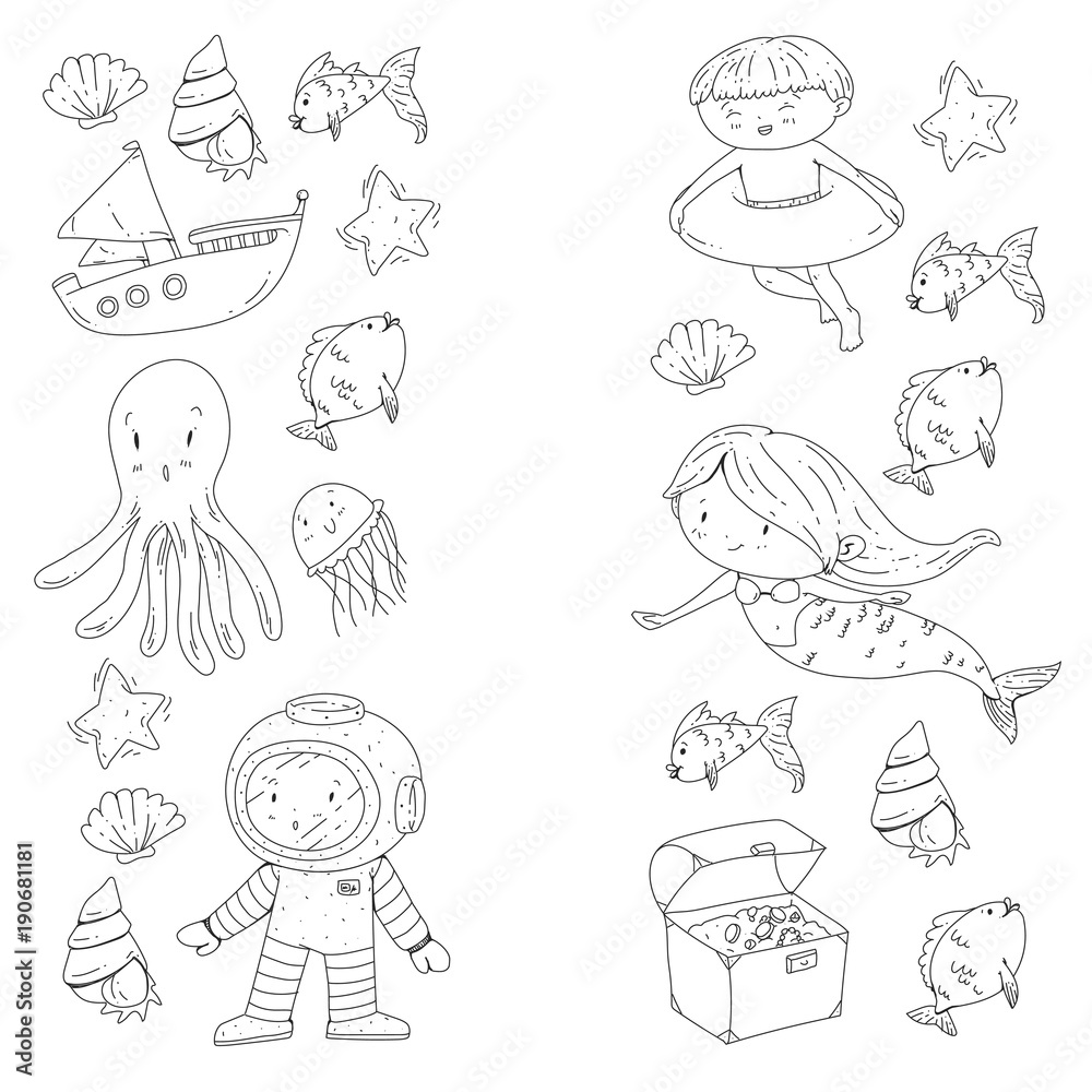 Sea and ocean adventure Kindergarten, preschool, school children. Kids aquapark. Underwater. Mermaid, octopus, fishes, whale, shells, jelly fish. Lost treasures. Scuba. Pirate ship. Diving, snorkeling