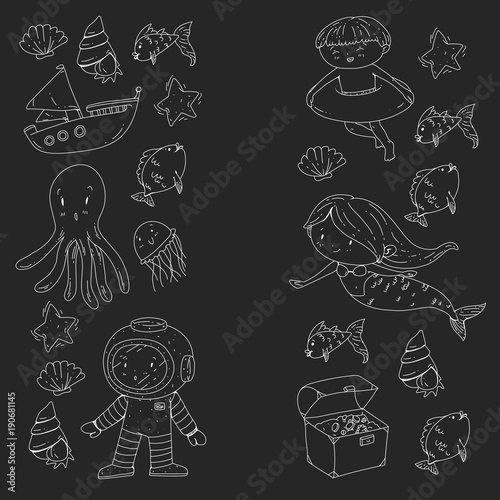 Sea and ocean adventure Kindergarten, preschool, school children. Kids aquapark. Underwater. Mermaid, octopus, fishes, whale, shells, jelly fish. Lost treasures. Scuba. Pirate ship. Diving, snorkeling