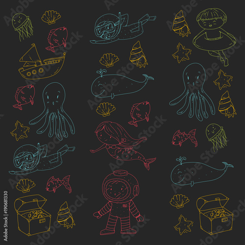 Sea and ocean adventure Kindergarten, preschool, school children. Kids aquapark. Underwater. Mermaid, octopus, fishes, whale, shells, jelly fish. Lost treasures. Scuba. Pirate ship. Diving, snorkeling