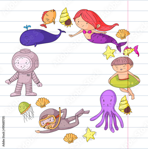 Sea and ocean adventure Kindergarten, preschool, school children. Kids aquapark. Underwater. Mermaid, octopus, fishes, whale, shells, jelly fish. Lost treasures. Scuba. Pirate ship. Diving, snorkeling