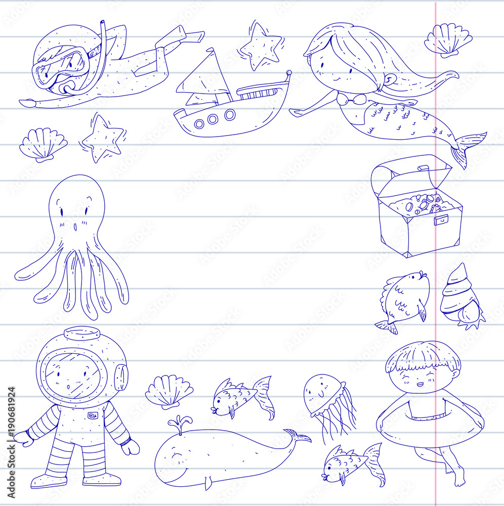 Sea and ocean adventure Kindergarten, preschool, school children. Kids aquapark. Underwater. Mermaid, octopus, fishes, whale, shells, jelly fish. Lost treasures. Scuba. Pirate ship. Diving, snorkeling Sea and ocean adventure Kindergarten, preschool, school children. Kids aquapark. Underwater. Mermaid, octopus, fishes, whale, shells, jelly fish. Lost treasures. Scuba. Pirate ship. Diving, snorkeling
