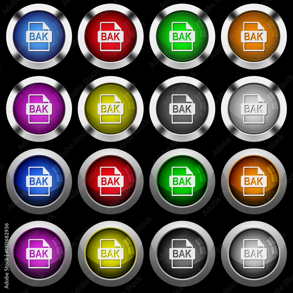 BAK file format white icons in round glossy buttons on black background BAK file format white icons in round glossy buttons on black background
