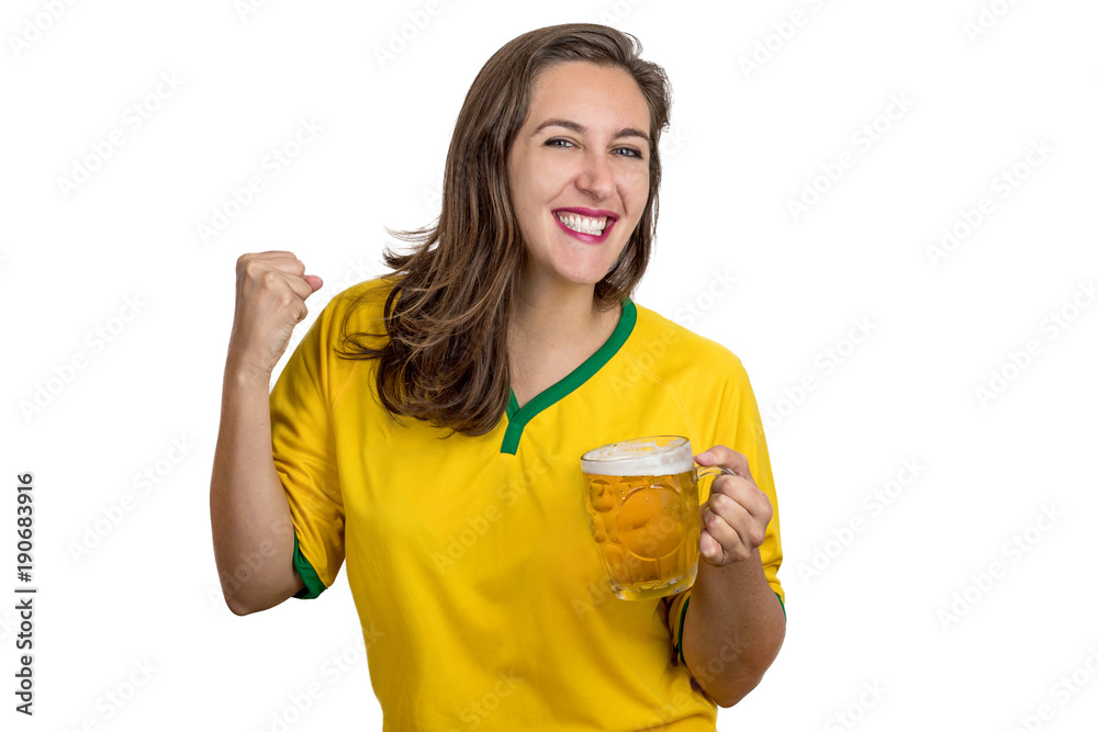 Brazilian female fan celebrating with beautiful smile on white background Brazilian female fan celebrating with beautiful smile on white background