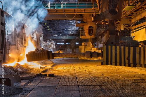 Loading of ore in the open-hearth furnace at a metallurgical plant