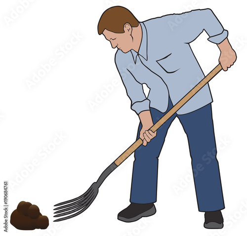 A man is using a pitchfork to clean up after his wife's horse