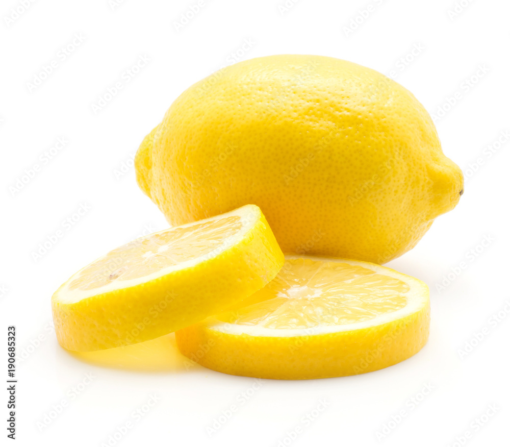 One yellow lemon and two sliced rings isolated on white background. One yellow lemon and two sliced rings isolated on white background.
