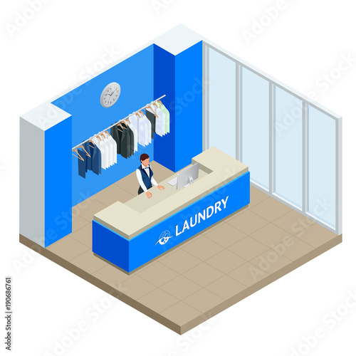 Isometric Laundry reception concept. Laundry service with dry cleaning and washing