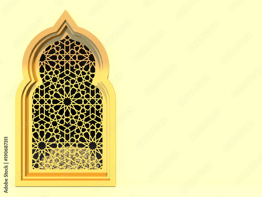 Islamic interior design of the mosque. Islamic window with traditional pattern. Background greeting cards Ramadan Kareem. 3D rendering.