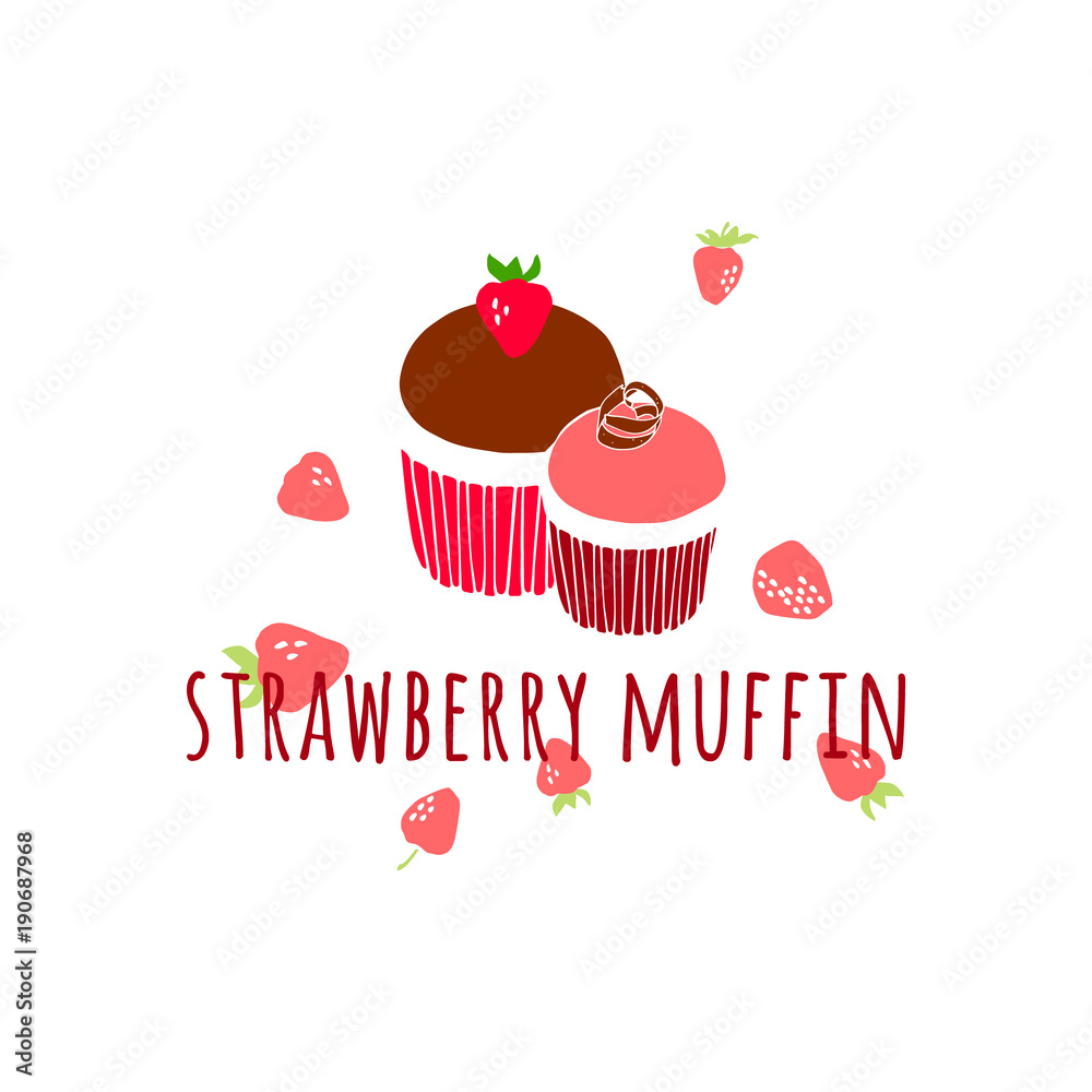 Berry muffin. Strawberry cupcake. Vector illustration of cafe menu, bakery. Hand drawn sweet dessert.