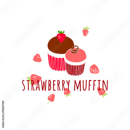 Berry muffin. Strawberry cupcake. Vector illustration of cafe menu  bakery. Hand drawn sweet dessert.
