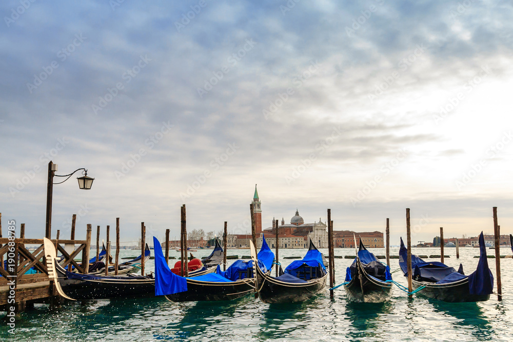Gondolas in the winter day, Venice, Italy