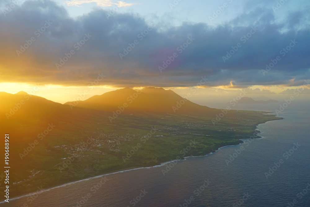 Aerial view of Mount Liamuiga on the volcanic Caribbean island of St Kitts at sunset