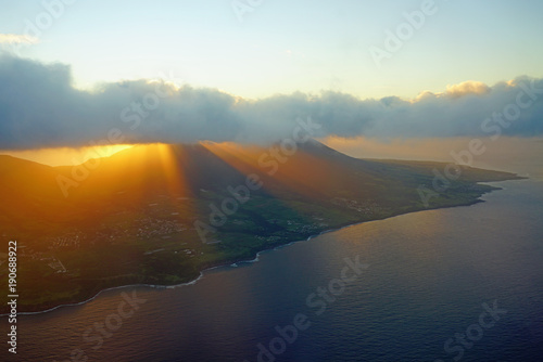 Aerial view of Mount Liamuiga on the volcanic Caribbean island of St Kitts at sunset
