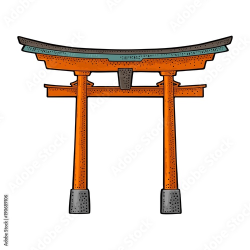 Traditional japanese torii gate in Japan. Vintage black vector engraving