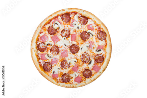 traditional Italian food: pizza with thinly sliced pepperoni and ham. Isolated on a white background. 
