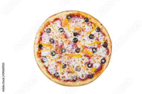 traditional Italian food: pizza with thinly sliced pepperoni, olives and sweet peppers. Isolated on a white background.