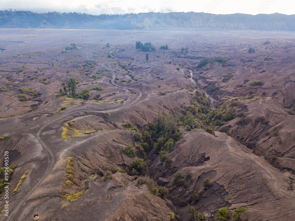Aerial view from drone to  Tengger caldera view near Bromo volcano. Bromo Tengger Semeru National Park, East Java, Indonesia