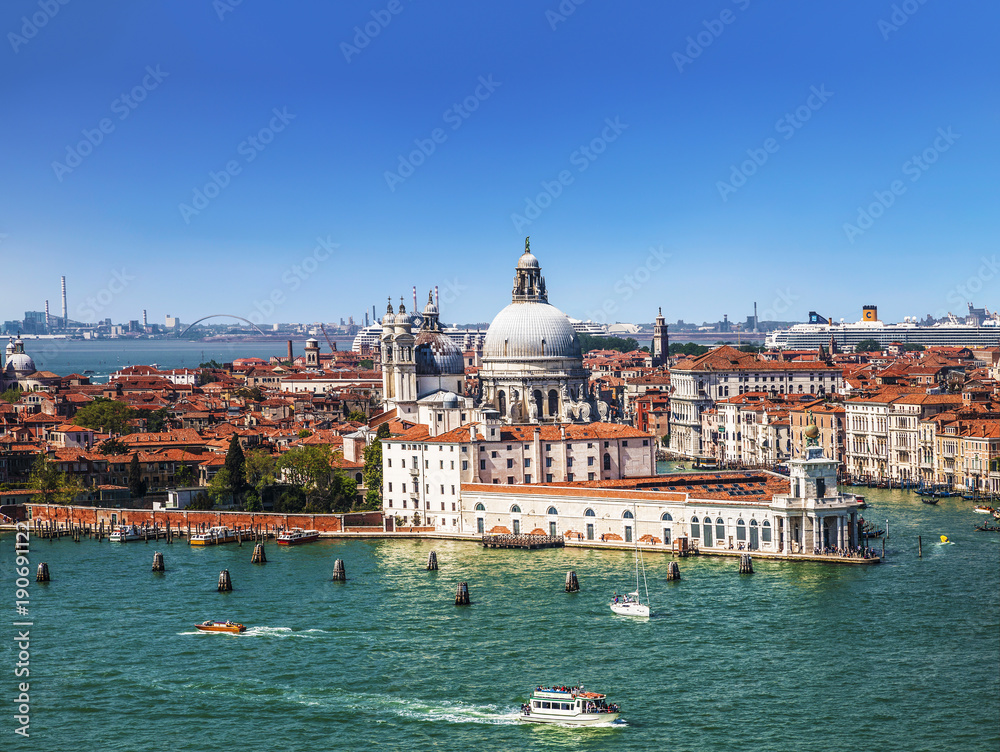 Panoramic view on Venice and the Basilica di Santa Maria della Salute from the bell tower of the Cathedral of San Giorgio Maggiore, Italy
