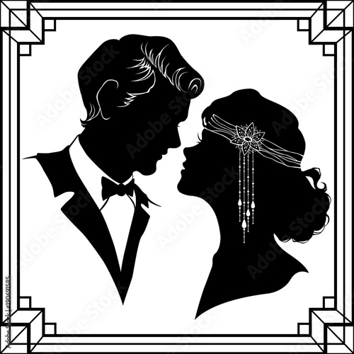 Silhouette of couple in retro style isolated on white background.