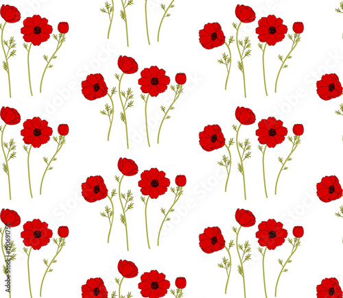 Gentle floral background with red poppies. Patterns for textiles. Seamless