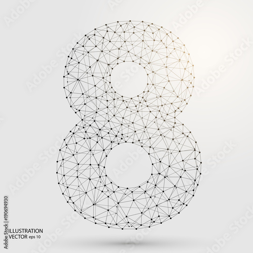 Abstract number eight, figure 8, consisting of triangles, circles, spots of decay, stars. Vector eps 10.