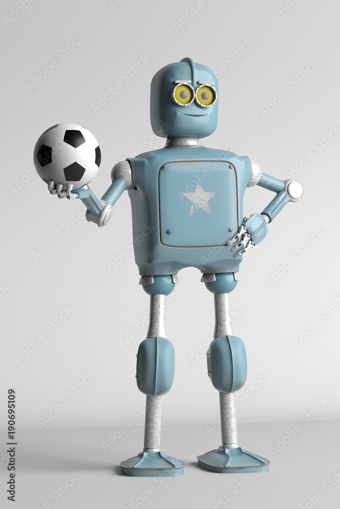 Naklejka premium grunge vintage robot play in soccer football. 3D rendering