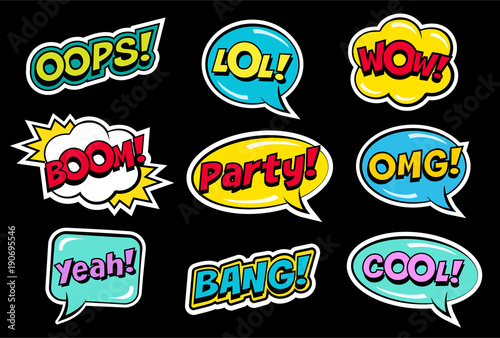 Set of colorful cute fashion patches of comic speech bubbles on black background. Cartoon stickers 80s-90s style on black background. Vector illustration