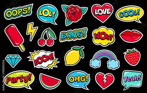 Modern cute colorful patch set on black background. Fashion patches of cherry, strawberry, watermelon, lips, rose flower, rainbow, hearts, comic bubbles etc. Cartoon 80s-90s style. Vector illustration