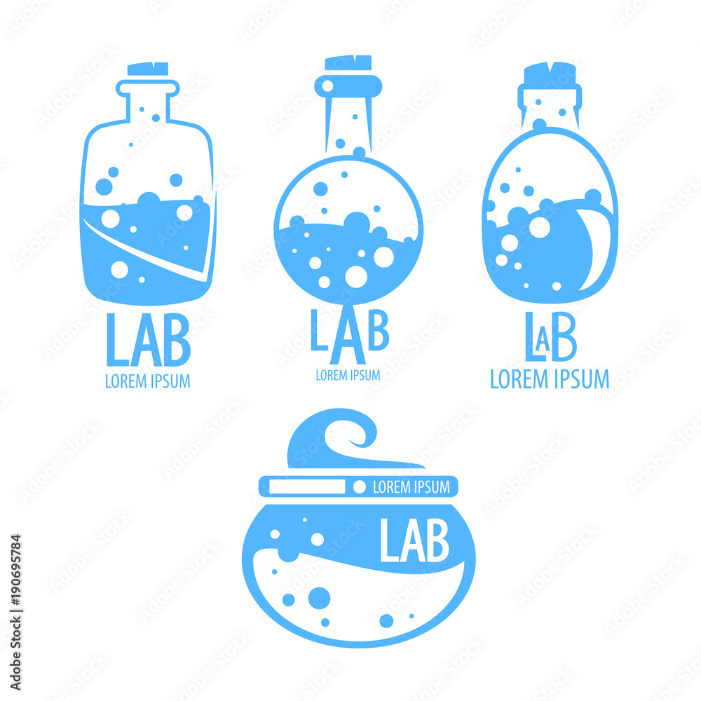 Laboratory vector logo set. Lab bottle with bubbles, vector illustration isolated on white background Laboratory vector logo set. Lab bottle with bubbles, vector illustration isolated on white background