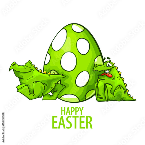 Vector happy Easter with green egg and dinosaur. Big egg. Isolated on white background. photo