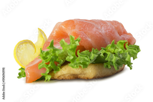 one large sandwich with a piece of fresh red fish fillet