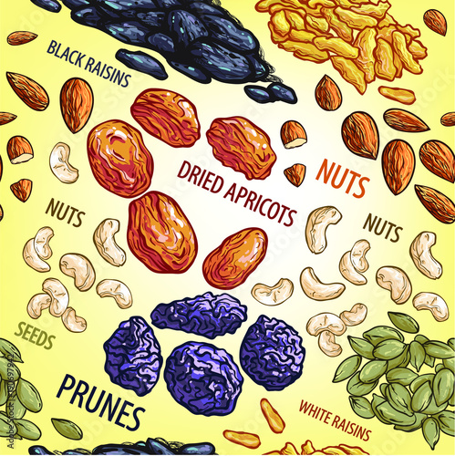 Vector pattern with many beautiful dried fruits, seeds and nuts. Healthy food.