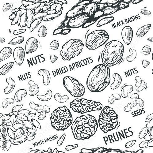 Pattern with dried fruits and nuts in monochrome color, vector illustration isolated on white background