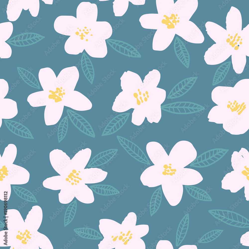 Spring bright seamless floral pattern with pink hand drawn flowers on green background. Ditsy print. Vector illustration