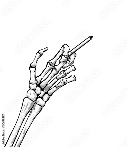 The hand of the skeleton holds a cigarette vector handdrawn lineart illustration