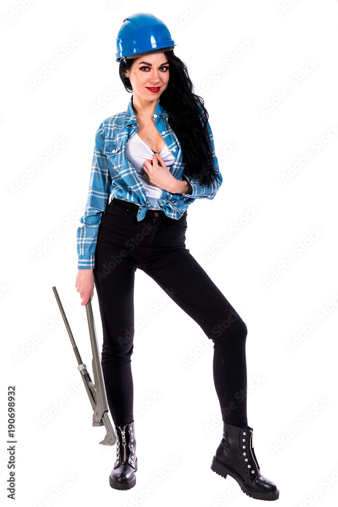Pretty young woman with a heavy-duty straight pipe wrench Pretty young woman with a heavy-duty straight pipe wrench