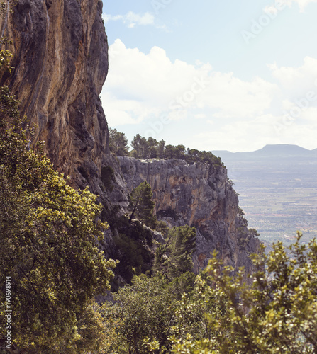 A picture of a mountain cliff with trees growing on top of it in Mallorca with a beautiful landscape in the background