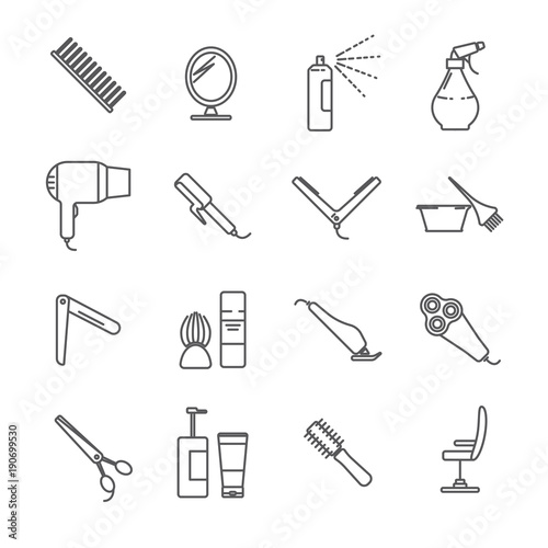 Set of hairdressing tools and barber shop Related Vector Line Icons. Includes such Icons as comb, Hairdryer, scissors, curling iron, razor, mirror, Barber chair, beauty salon, razor, babershop, barber photo