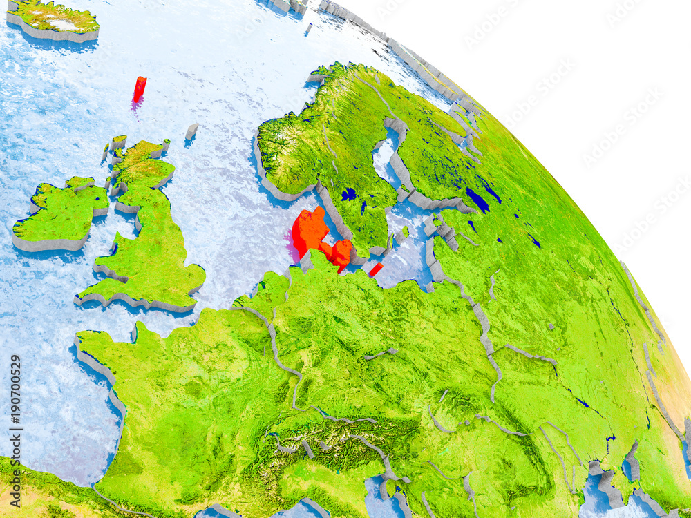 Denmark in red model of Earth