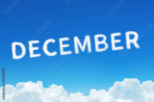 Word December made of clouds steam on blue sky background. Month planning, timetable concept.