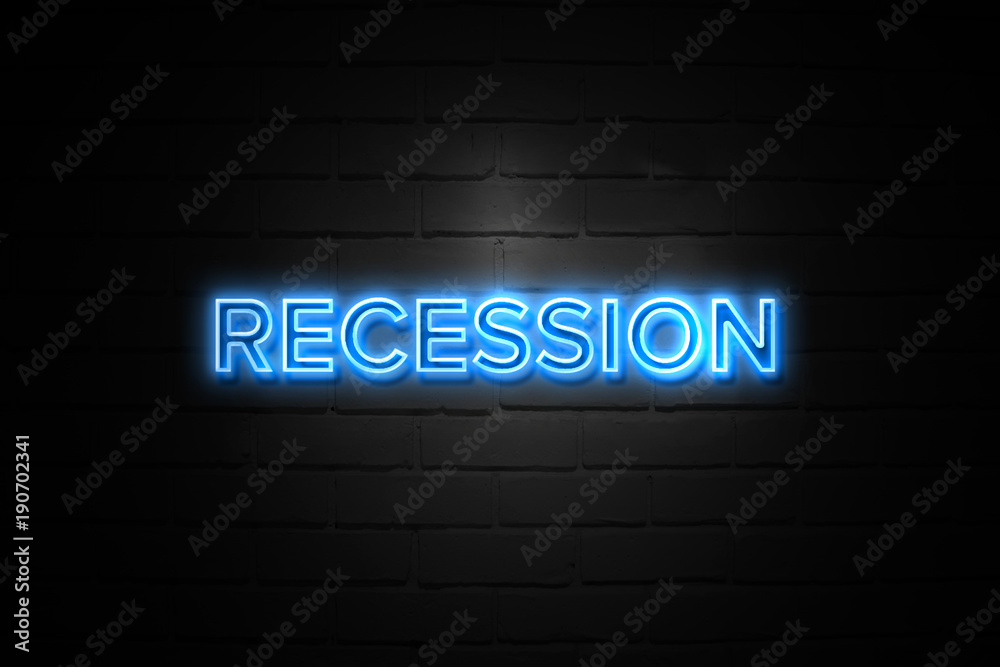 Recession neon Sign on brickwall Recession neon Sign on brickwall