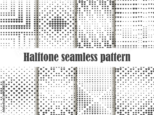 Halftone seamless pattern set, dotted backdrop with heart pop art style. St. Valentine's Day a collection of backgrounds. Black and white colors. Vector illustration