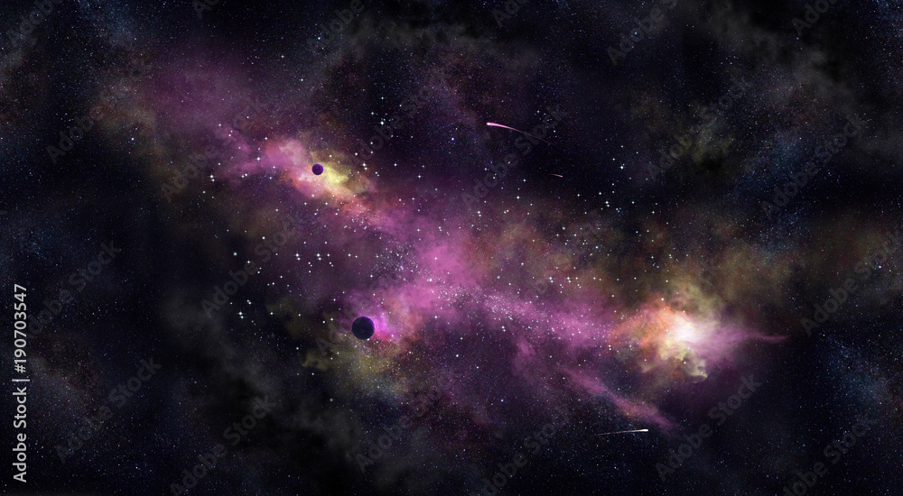Space illustration with a purple glow and planets