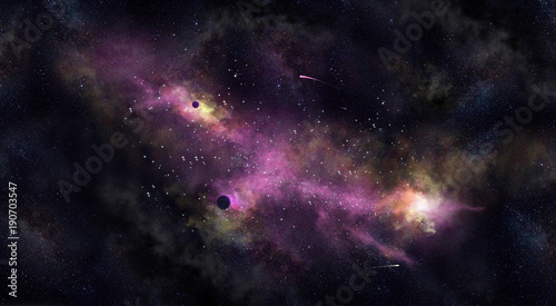 Space illustration with a purple glow and planets © Romasan