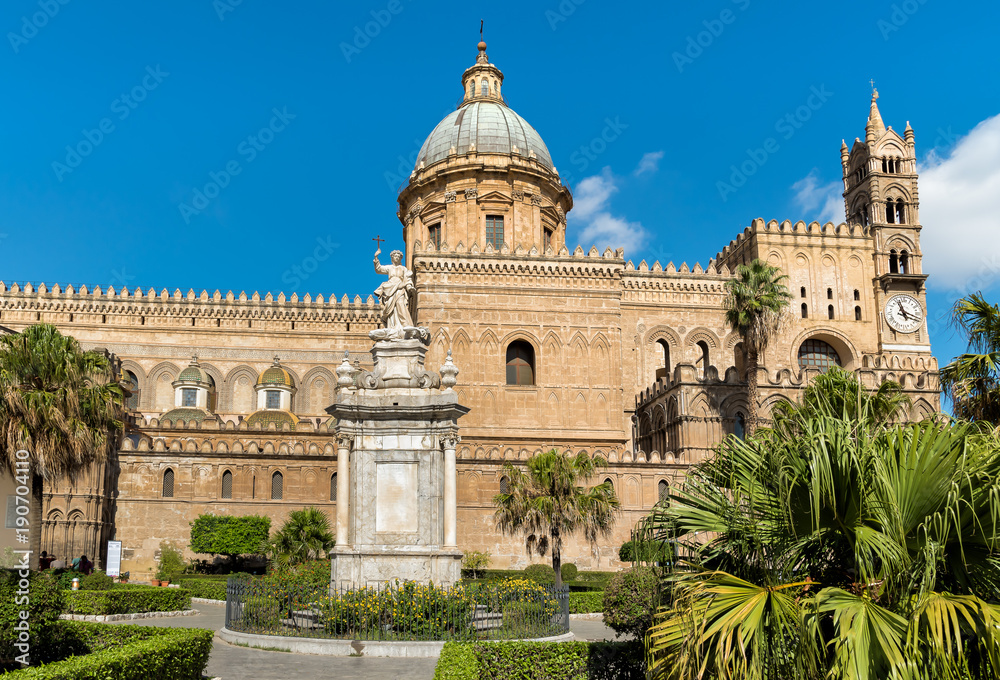 View of Palermo Cathedral with Santa Rosalia statue, Sicily, Italy